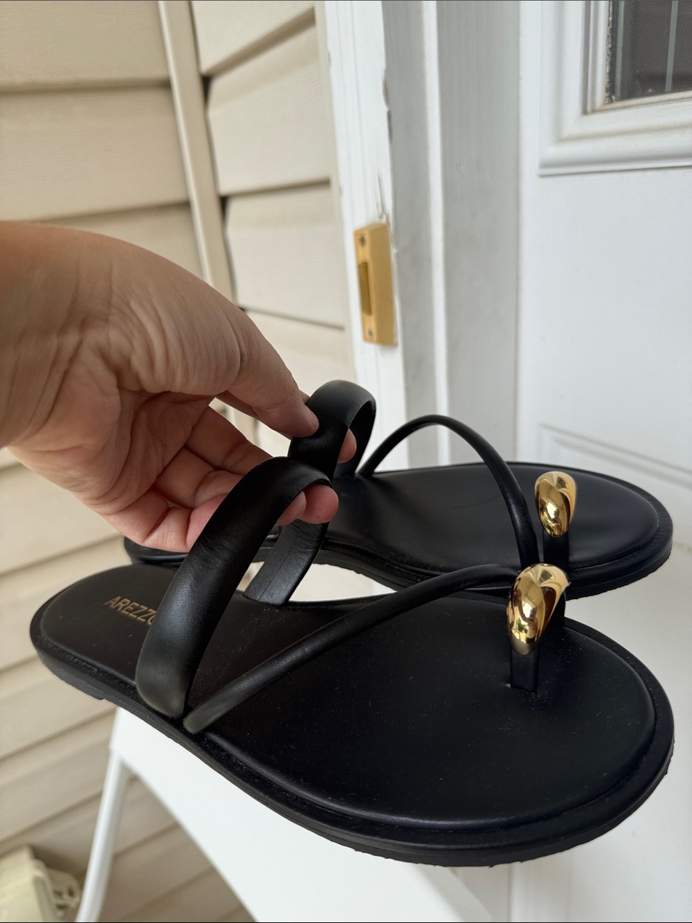 Arezzo Black Leather Sandals with Gold Accents